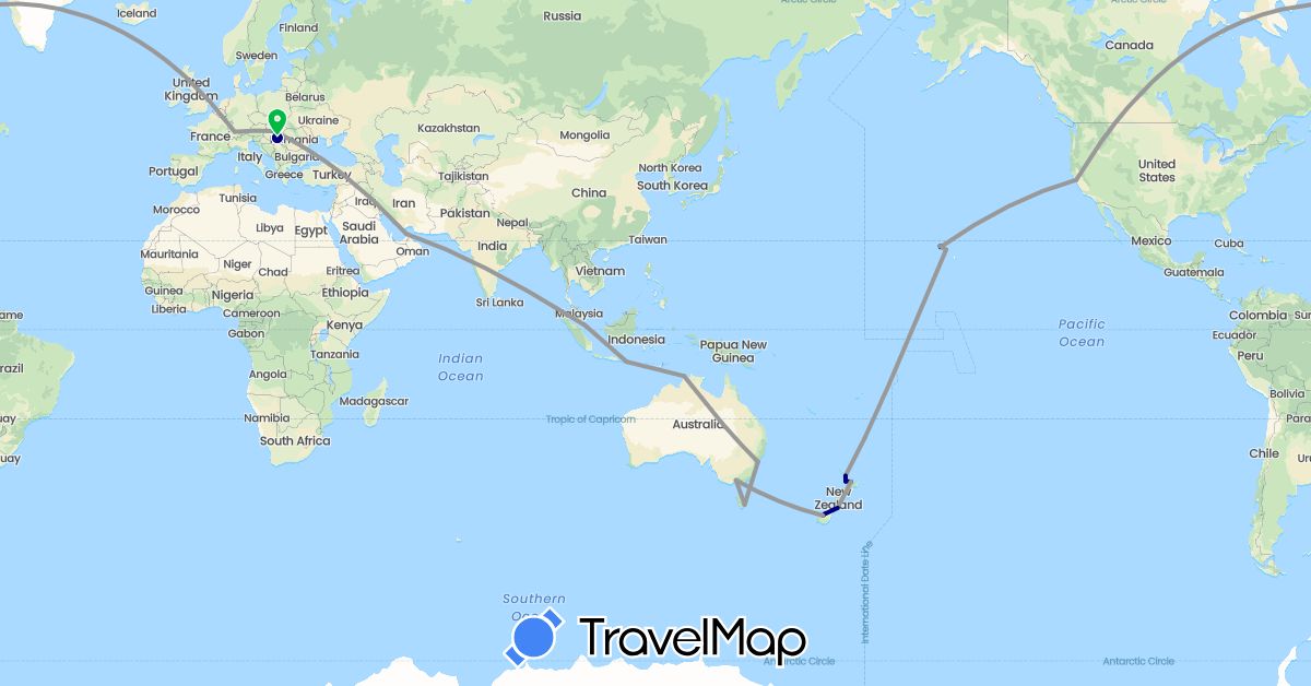 TravelMap itinerary: driving, bus, plane in United Arab Emirates, Australia, Switzerland, Hungary, Indonesia, New Zealand, Singapore, United States (Asia, Europe, North America, Oceania)